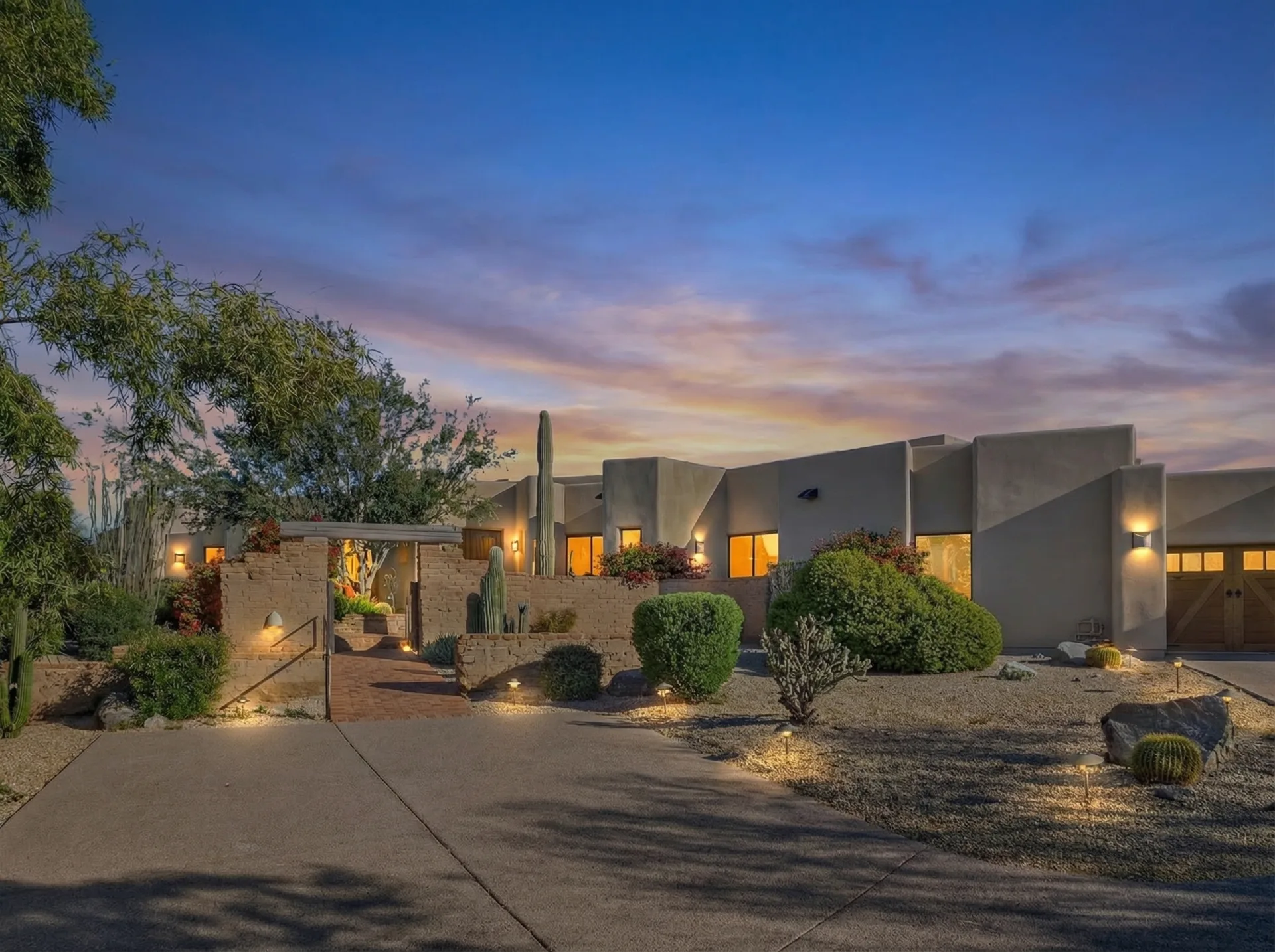 Modern desert home, daytime vs twilight — after