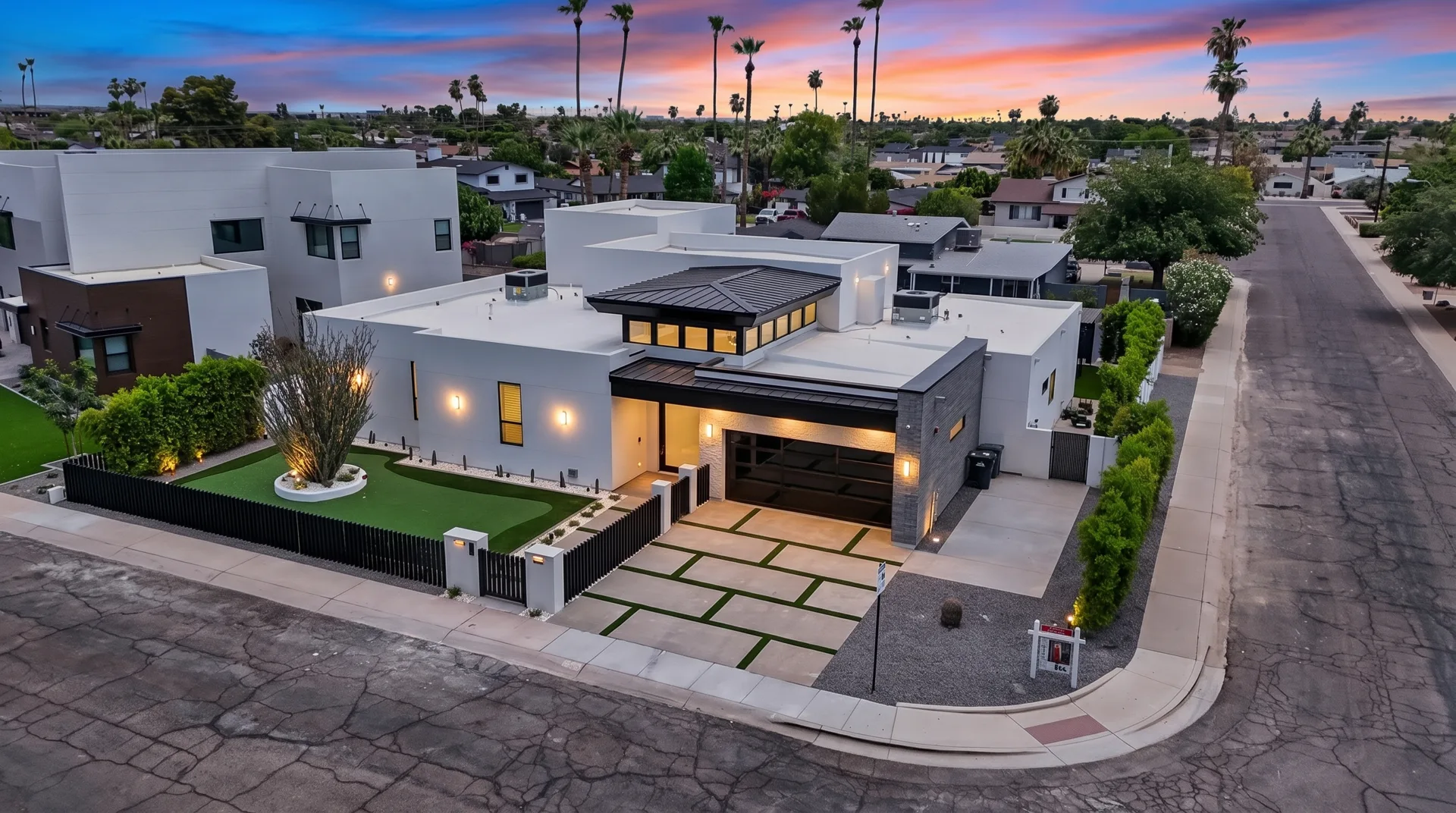 White modern home, daytime vs twilight — after